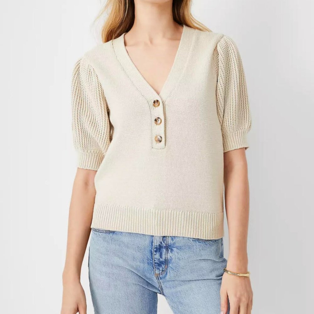 Henley Puff Sleeve Sweater Tee